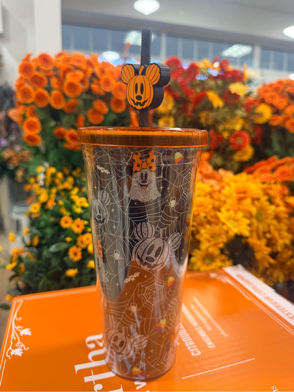 Disney Orange Halloween Mickey & Minnie Spiderweb Tumbler with Straw